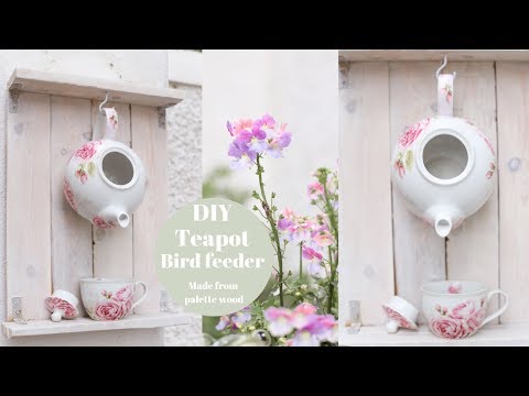 DIY Teapot bird feeder from recycled pallet wood