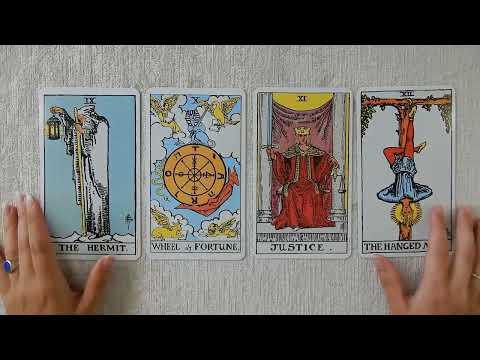 tarotkaarten: De Heremiet, Het Rad van Fortuin, Gerechtigheid & De Gehangene